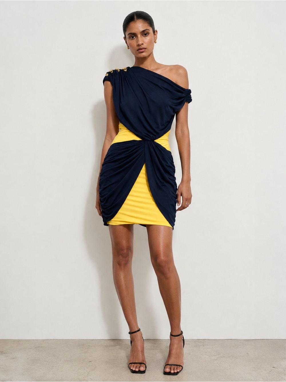 Color Block Grecian Inspired Draped Jersey Embellished Cocktail Dress